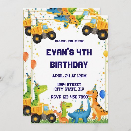 Construction Dinosaur Birthday Invitation Dump Einladung (Vorne/Hinten)