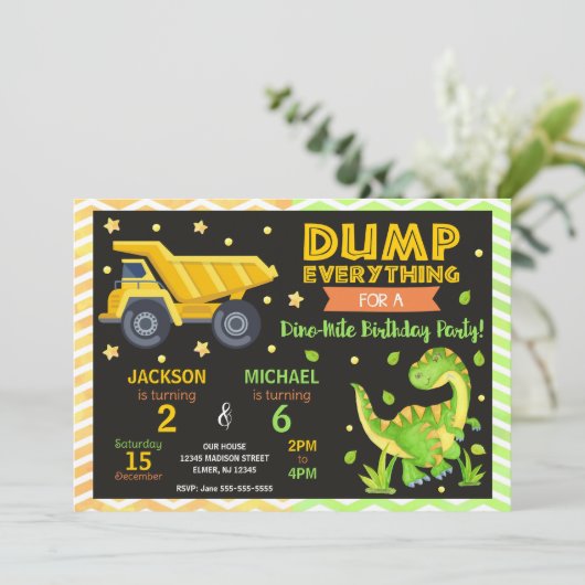 Construction & Dinosaur Joint Birthday Invitation Einladung (Stehend Vorderseite)