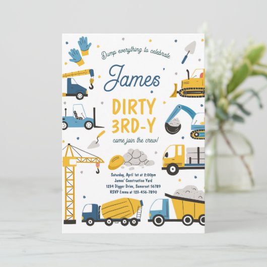 Construction Dirty 3rd-y Dump Truck 3rd Birthday Einladung (Stehend Vorderseite)