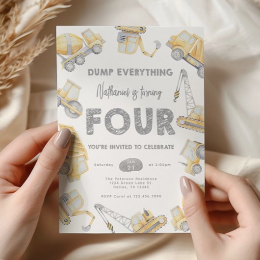 Construction Dump Truck FOUR 4th Birthday Party Einladung