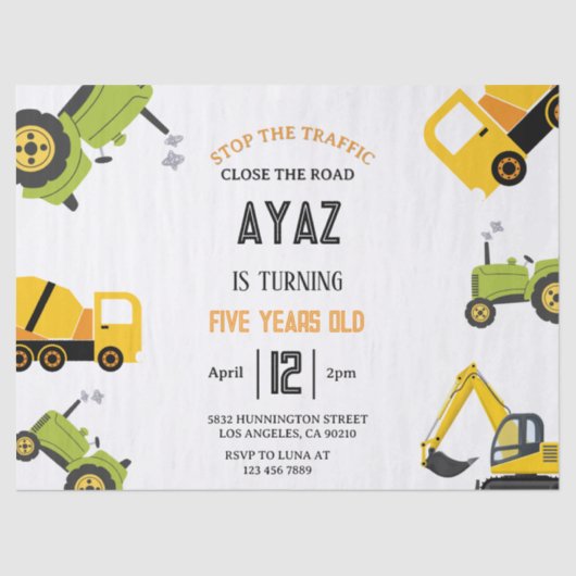 Construction Dump Truck Party Boy Birthday  Seidenpapier (Vorderseite)