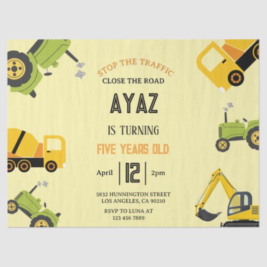 Construction Dump Truck Party Boy Birthday  Tissue Seidenpapier (Vorderseite)