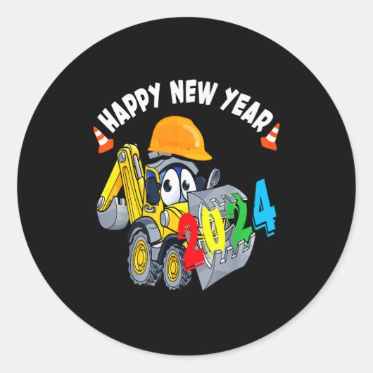 Construction Excavator Happy New Year 2024 For Boy Runder Aufkleber (Vorderseite)
