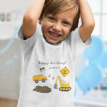 Construction Happy Birthday - Boy Name and Age Kleinkind T-shirt<br><div class="desc">Celebrate your little one's special day with this custom toddler boy t-shirt with an adorable construction theme. The shirt has a yellow dump truck and excavator working together at a road construction site. There are also orange traffic cones and a safety divider. Add your kid's name and age for a...</div>