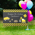 Construction Happy Birthday with Age Boy Yard Gartenschild<br><div class="desc">Celebrate your little one's special day with this custom boy birthday party outdoor yard sign with an adorable construction theme. The sign has a dump truck and excavator working together at a road construction site. There are also orange traffic cones, a yield sign, and yellow and black stripes. Add your...</div>