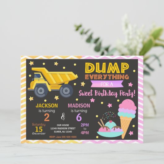 Construction & Ice Cream Joint Birthday Invitation Einladung (Stehend Vorderseite)