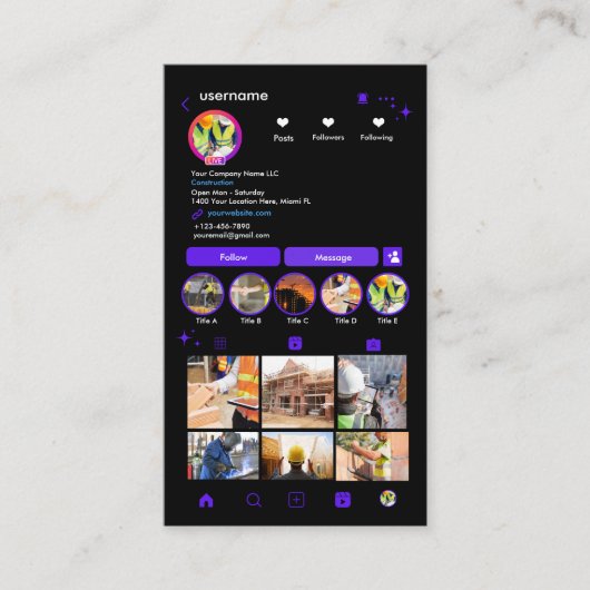 Construction Instagram Violet QR Code Visitenkarte (Vorderseite)