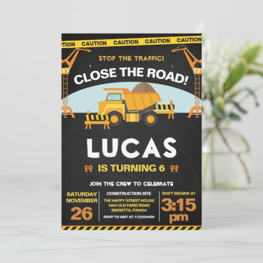 Construction Invitation for Birthday Party Zone Einladung (Stehend Vorderseite)