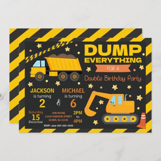 Construction Joint Birthday Invitation Siblings Einladung (Vorne/Hinten)