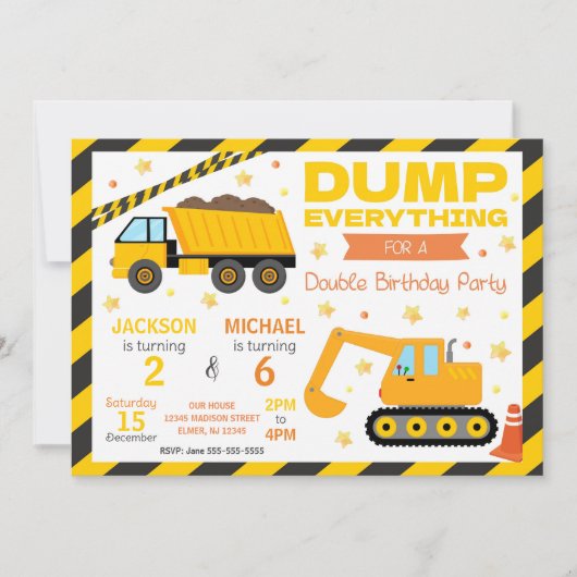 Construction Joint Birthday Invitation Siblings Einladung (Vorderseite)