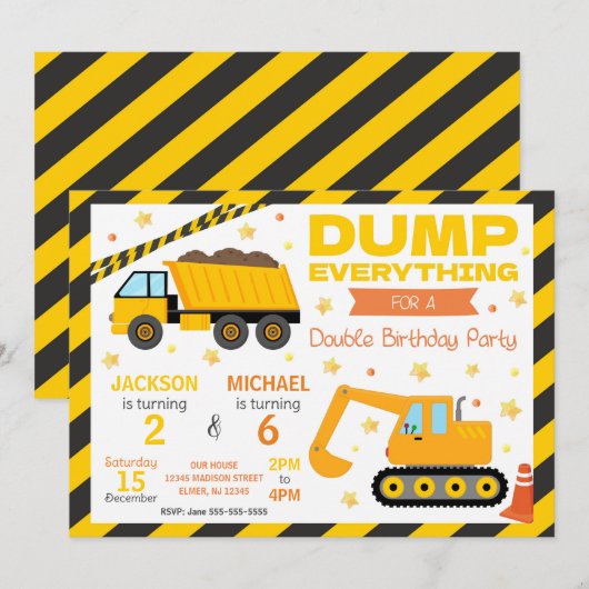 Construction Joint Birthday Invitation Siblings Einladung (Vorne/Hinten)