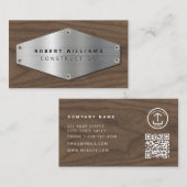 Construction Metal QR Code Metallic Silver Wood Visitenkarte (Vorne/Hinten)