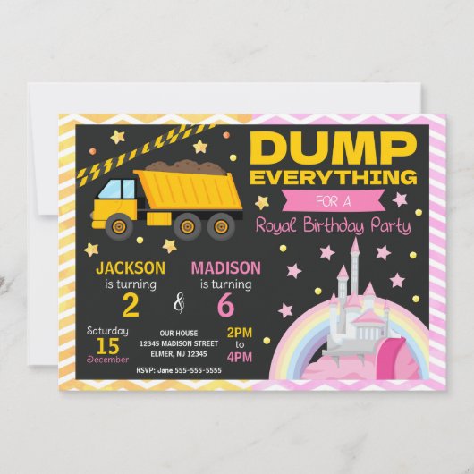 Construction & Princess Joint Birthday Invitation Einladung (Vorderseite)
