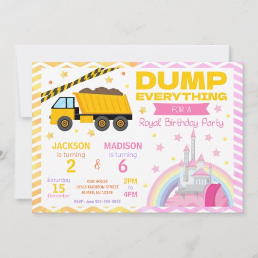 Construction & Princess Joint Birthday Invitation Einladung (Vorderseite)