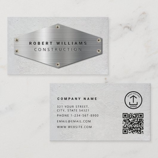 Construction QR Code Metallic Silver Concrete Visitenkarte (Vorne/Hinten)
