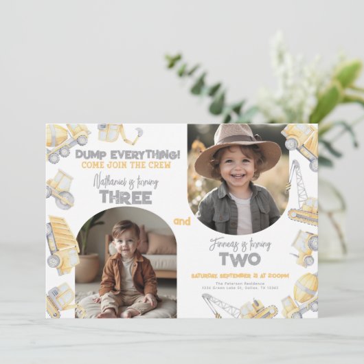 Construction Sibling Twin Brother Birthday Party Einladung (Stehend Vorderseite)