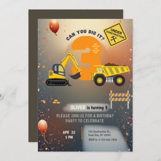 Construction Site Birthday Party Einladung (Vorne/Hinten)