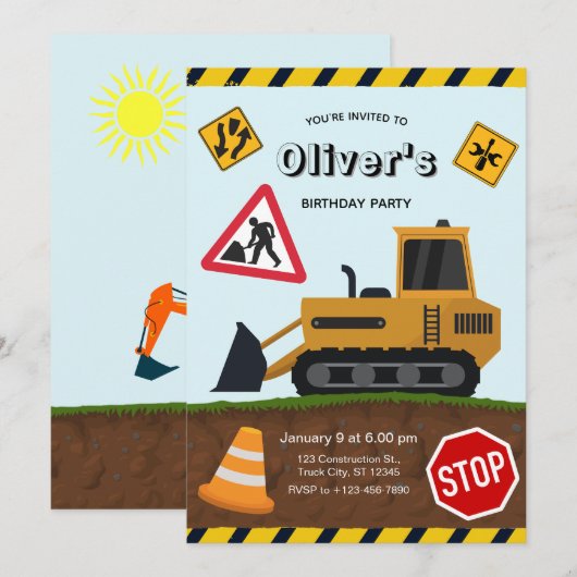 Construction Site Birthday Party Einladung (Vorne/Hinten)