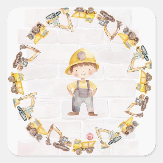 Construction Themed Children's Birthday  Quadratischer Aufkleber (Vorderseite)