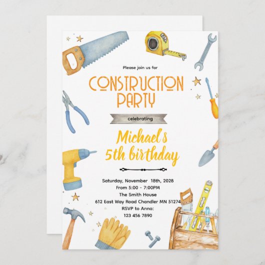 Construction Tools theme invitation Einladung (Vorne/Hinten)
