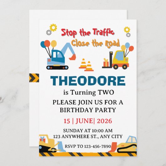 Construction Truck Vehicles Boys 2nd Birthday Einladung (Vorne/Hinten)