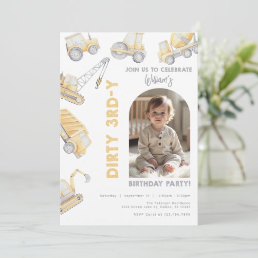 Construction Trucks 3rd Birthday Party Einladung (Stehend Vorderseite)