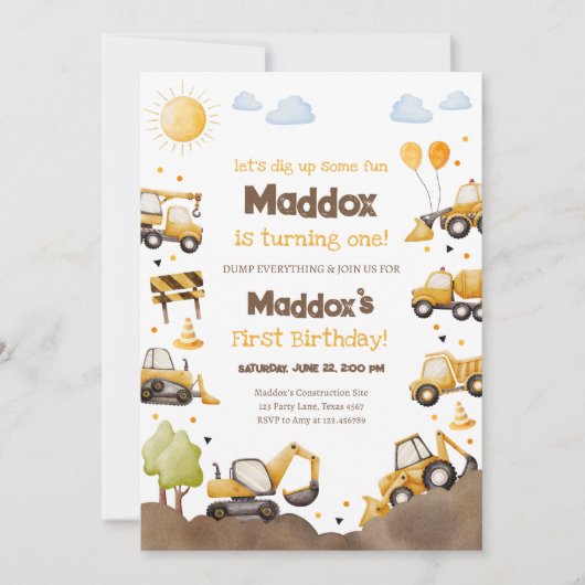 Construction Trucks Boy 1st First Birthday Einladung (Vorderseite)