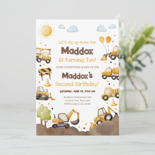 Construction Trucks Boy 2nd Second Birthday Einladung (Stehend Vorderseite)