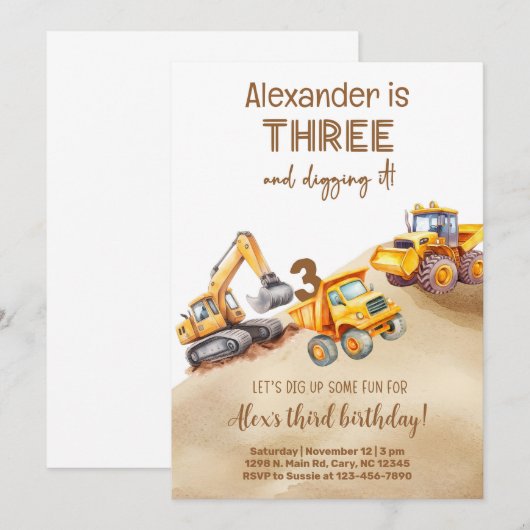 Construction trucks boy birthday invitation. einladung (Vorne/Hinten)