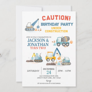 Construction Trucks, Twin Boys Birthday Party Einladung