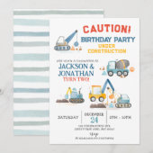 Construction Trucks, Twin Boys Birthday Party Einladung (Vorne/Hinten)