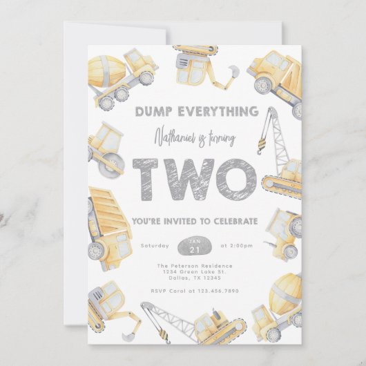 Construction TWO 2nd Birthday Party Einladung (Vorderseite)