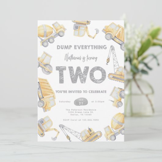 Construction TWO 2nd Birthday Party Einladung (Stehend Vorderseite)