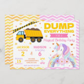 Construction & Unicorn Joint Birthday Invitation Einladung (Vorne/Hinten)