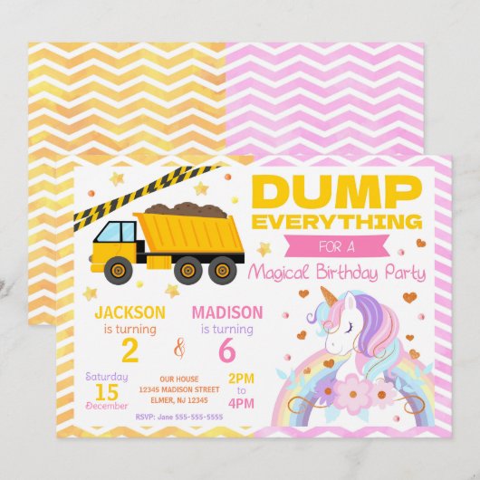 Construction & Unicorn Joint Birthday Invitation Einladung (Vorne/Hinten)