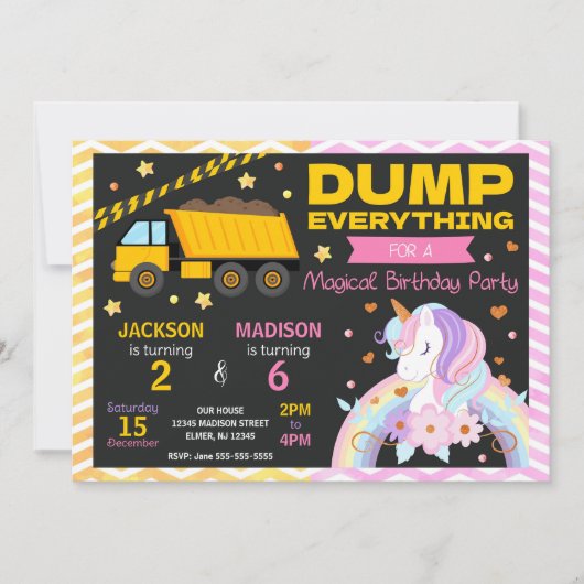 Construction & Unicorn Joint Birthday Invitation Einladung (Vorderseite)