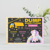 Construction & Unicorn Joint Birthday Invitation Einladung (Stehend Vorderseite)