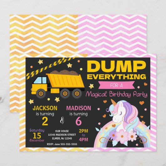 Construction & Unicorn Joint Birthday Invitation Einladung (Vorne/Hinten)