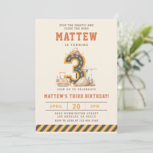 Construction Vehicles 3rd Birthday Invitation Einladung (Stehend Vorderseite)