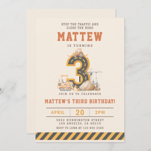 Construction Vehicles 3rd Birthday Invitation Einladung (Vorne/Hinten)
