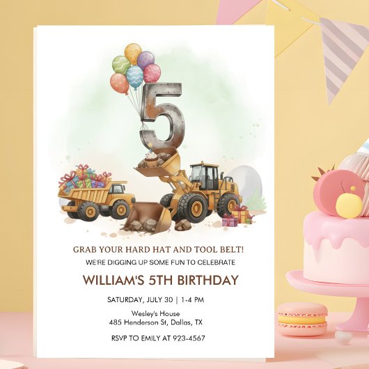 Construction Vehicles 5th Birthday Invitation Einladung