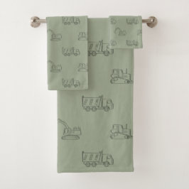 Construction Vehicles Builder Boy Truck Sage Green Badhandtuch Set