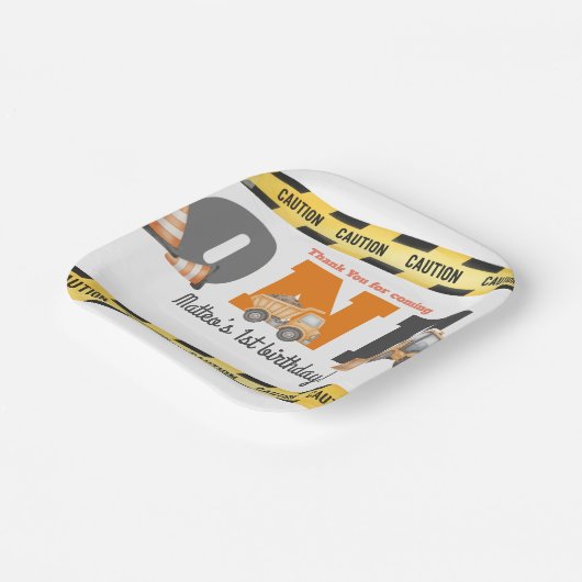 Construction Vehicles First Birthday Dump Truck Pappteller (Gewinkelt)