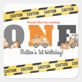 Construction Vehicles First Birthday Dump Truck Quadratischer Aufkleber