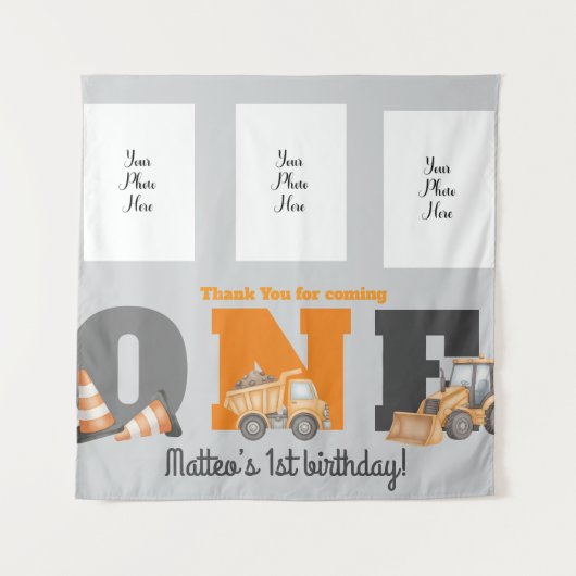 Construction Vehicles First Birthday Dump Truck Wandteppich (Vorderseite)