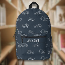 Construction Vehicles School Boys Name Dark Blue Bedruckter Rucksack