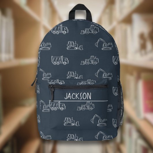 Construction Vehicles School Boys Name Dark Blue Bedruckter Rucksack