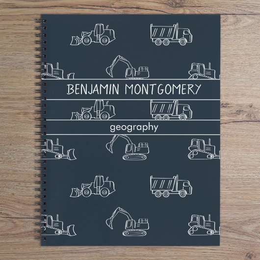 Construction Vehicles School Boys Name Dark Blue Notizblock