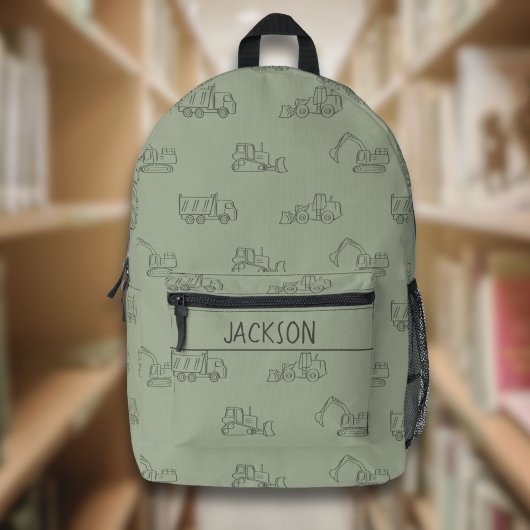 Construction Vehicles School Boys Name Sage Green Bedruckter Rucksack