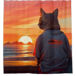 "Contemplative Cat at Sunset: Whimsical Beach Art" Duschvorhang
